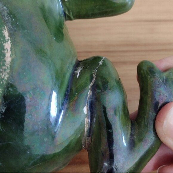 Vintage Hand Painted Ceramic Green Frog Lawn Ornament Figurine MCM REPAIRED - Picture 7 of 9
